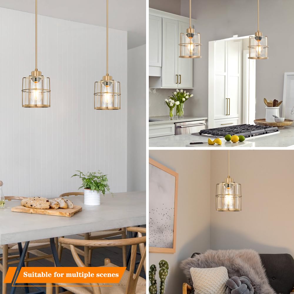 Modern Brass Pendant Light Kitchen Island Set Of 2  Farmhouse Gold Pendant Light With Clear Cylinder Glass  Adjustable Rod Bathroom Pandand Light Over Sink  Small Hanging Lighting For Home Decor  E26