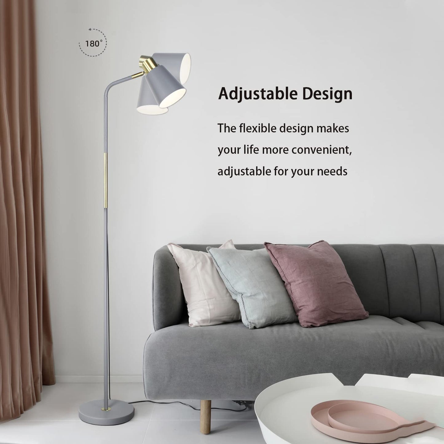 LALISU Industrial Floor Lamp - Adjustable Metal Heads, Rustic Farmhouse Design, Gray, Ideal for Living Room & Bedroom Décor