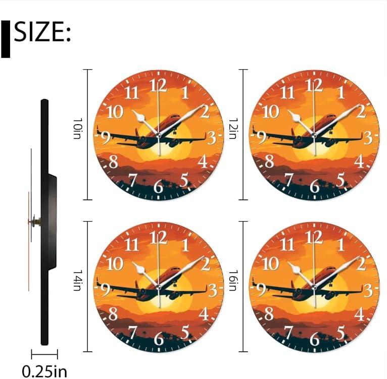 Sunset Wall Clock Non-Ticking Silent Clocks Battery Operated Analog Decor Clock for Home-Illustration of Airplane Flying Over The Sunset(12inch)