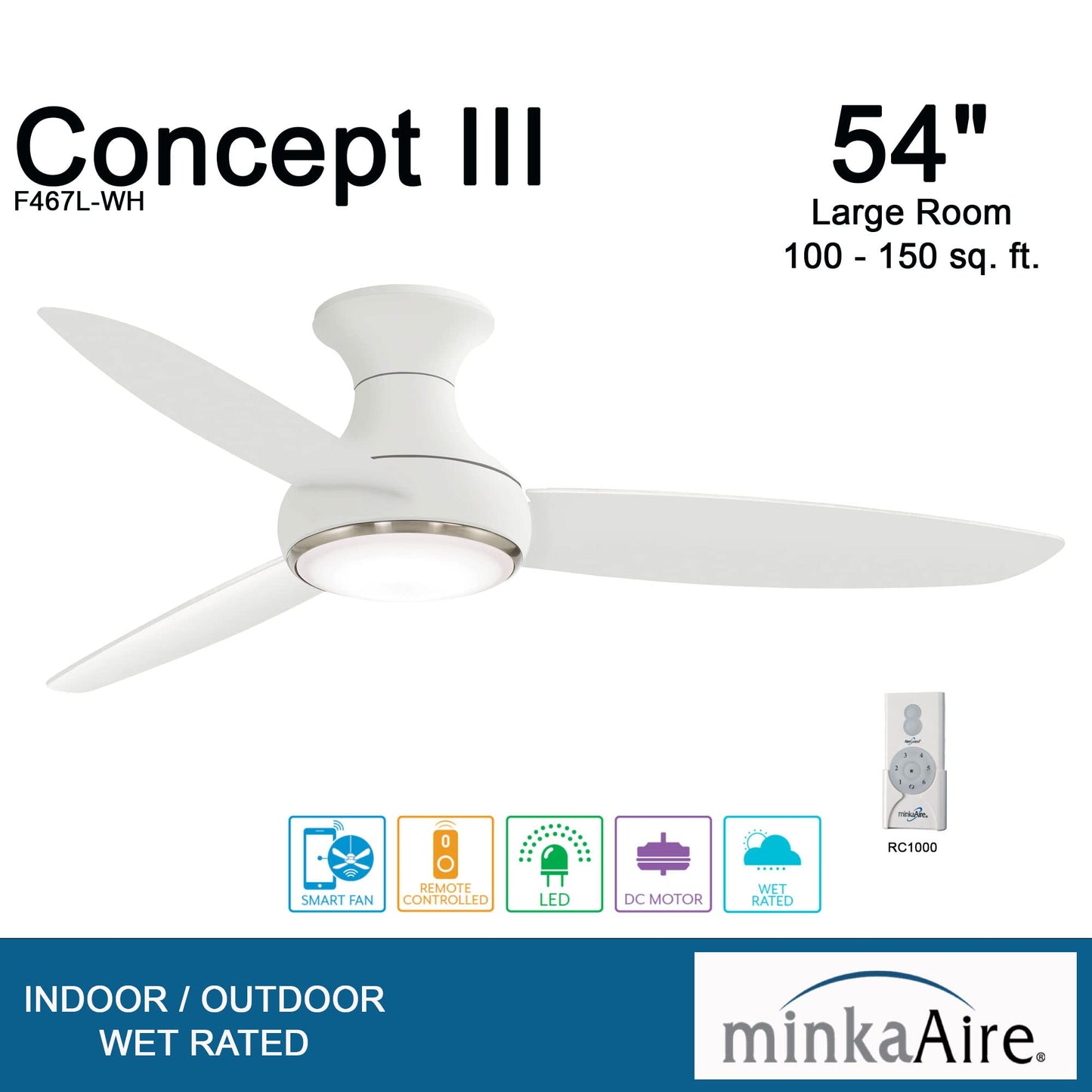 Minka-Aire Concept Iii 54 Hugger Ceiling Fan With Led Light Kit In White Finish, F467L-Wh