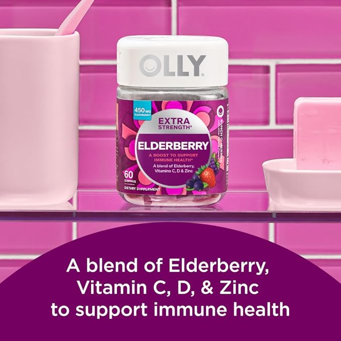 OLLY Kids Immunity Gummy, Immune Support, Wellmune, Elderberry, Vitamin C, Zinc & Extra Strength Elderberry Gummies, Immune Support, 450mg Elderberry, Vitamin C, D