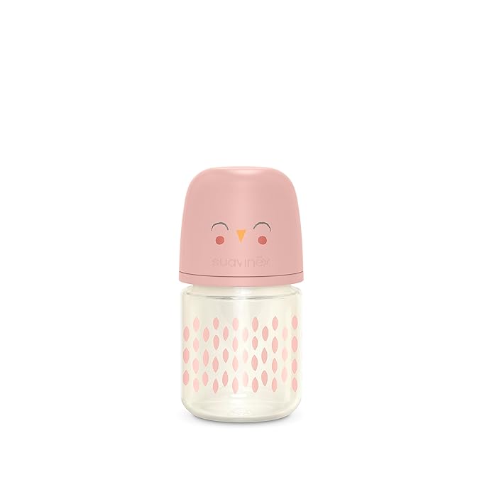 Suavinex Bonhomia Glass Baby Bottle with SX PRO Silicone Nipple, Anti Colic Baby Bottles, Baby Bottles for Breastfed Babies, Slow Flow, 0mo, 4oz, Pink