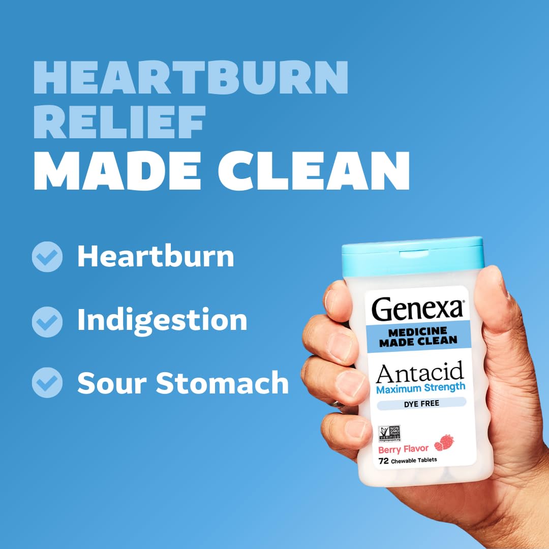 Genexa 3 Pack Clean Antacid Chewable Tablets | Maximum Strength Calcium Carbonate for Heartburn, Acid Indigestion & Upset Stomach Relief | Dye Free, 0% Artificial Additives | Berry Flavor, 216ct