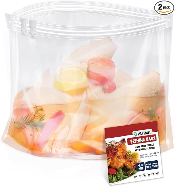 Turkey Brine Bag, 26"×22", 2 Pack, Extra Large Brining Bags for Thanksgiving Turkey, Chicken, Beef, Fish, Pork - Holds up to 35lbs, Double Zipper Heavy Duty Brine Bag with 2 Cotton Strings & Clips