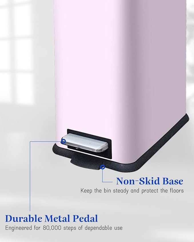JM.YIPENG 17L Rubbish Bin, Pedal Bin with Lid and Foot Pedal with Inner Bucket, Rectangular Pedal Bin for Living Room, Office, Pink