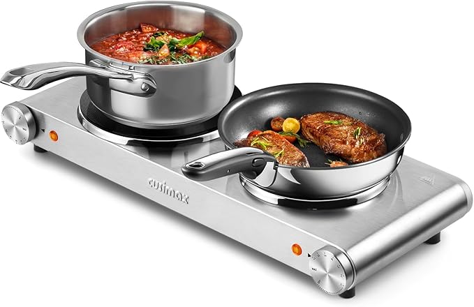CUSIMAX Electric Hot Plate, 1800W Double Burner, Cast Iron Countertop Cooktop, Hot Plates for Cooking, Portable Countertop Stove, Compatible with all Cookwares, Upgraded Version