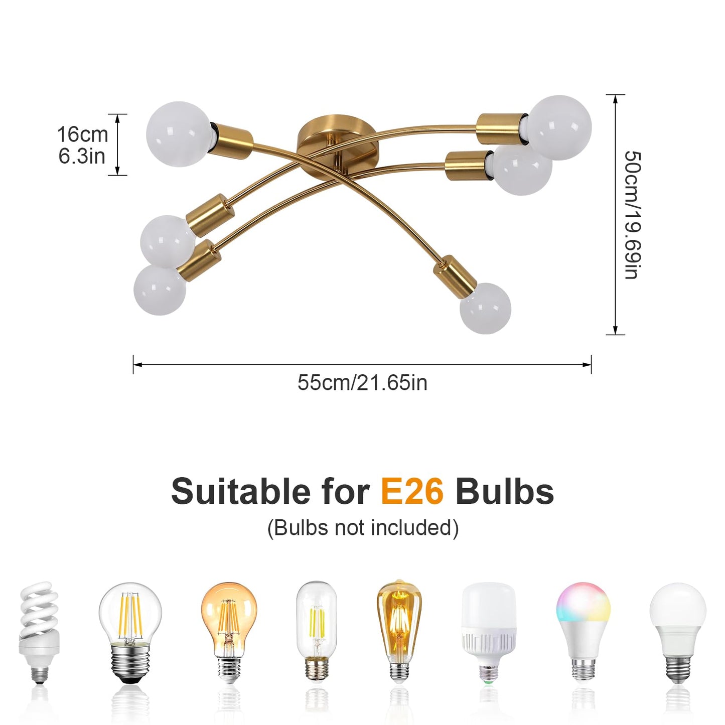 Tealight Gold Sputnik Ceiling Light Fixture  Modern 6-Light Sputnik Chandelier With 350 Rotatable Arms  E26 Bulb Compatible For Living Room  Bedroom  Dining Room - Stylish Home Decor Lighting