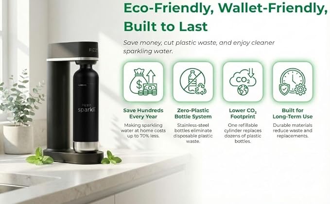 Fizzit Spärklï Carbonated Water Soda Maker with Stainless Steel Bottle Included,Dishwasher Safe (Sparkli-Black)