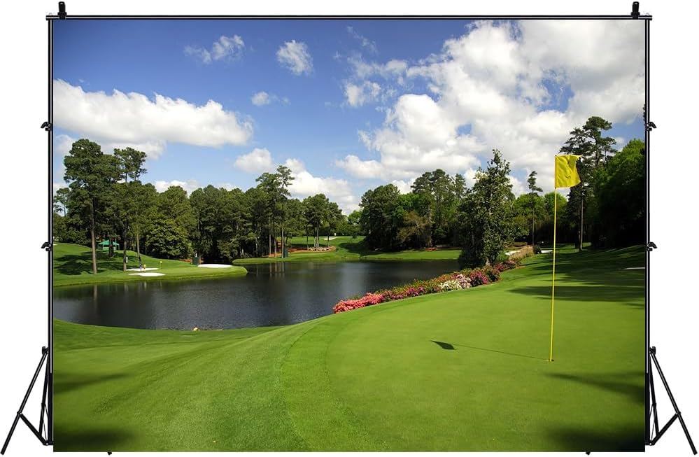 Golf Course Backdrop 5x4ft Green Grass Bush Stake Hole Water Hazard Backgrounds Golf Theme Sports Party Decorations Holiday Vacation Banner Photo Shoot Props