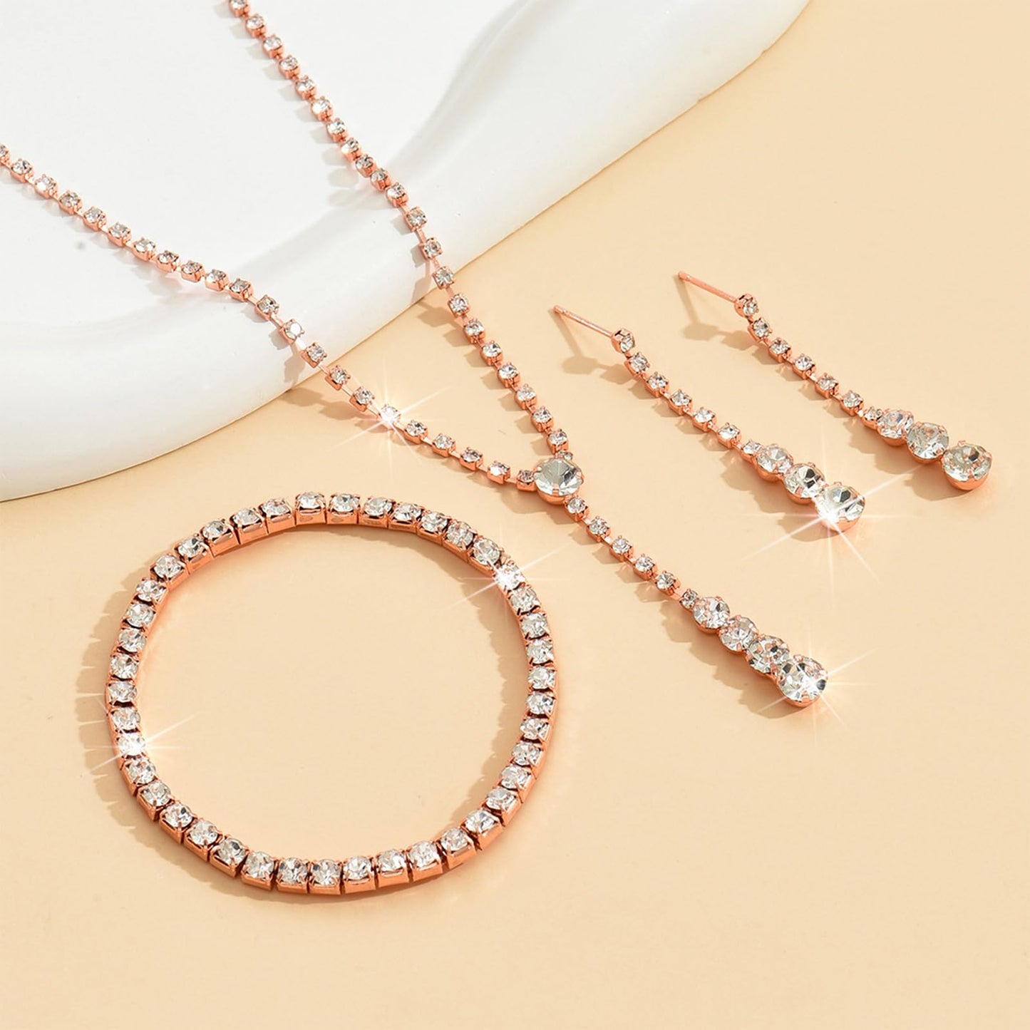 HUASAI Rose Gold Wedding Jewelry Sets for Brides Rhinestone Necklace Earrings Bracelet Set Bridal Costume Jewelry for Women Form