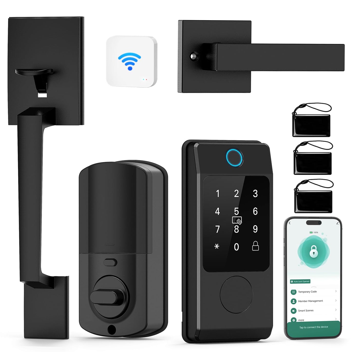 WiFi Front Door Lock Set - Miuedo Keyless Entry with Handle Keypad, Smart Deadbolt, Fingerprint, Auto Lock, Code, Fob, Remote Control - Black
