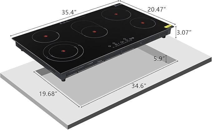 Winado 5 Burners Electric Ceramic Cooktop 35 inch, 220-240V Flat Top Stove, Multi-function Elecric Stovetop w/9 Heating Level, Timer & Kid Safety Lock, Sensor Touch Control, Timer Setting, 8600W