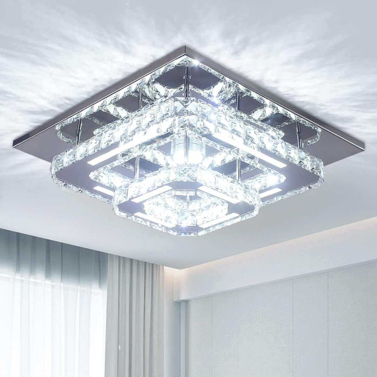 CXGLEAMING Modern LED Chandelier, Square Mini Pendant Light, Stainless Steel & K9 Crystals, Cool White, Model CX-MC031-CW