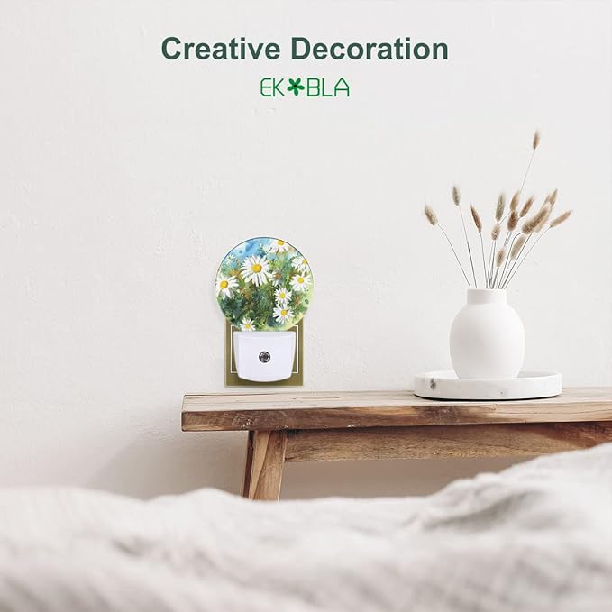 EKOBLA White Daisies Night Light Spring Garden Flower Daisy Night Lights Plug into Wall for Men Women Girls Boys, Dusk to Dawn Nightlight 0.5W Sleep Friendly
