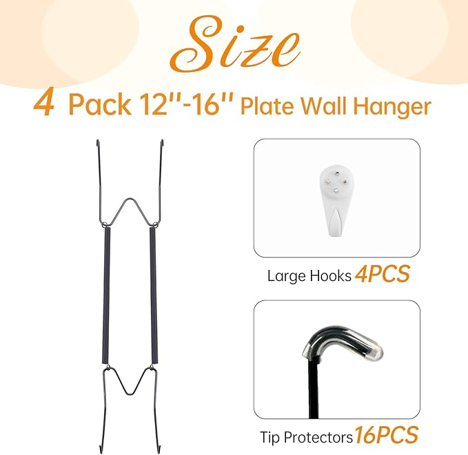 Bilillo 4 Pack Plate Hangers for The Wall, Suitable for 12''-16'' Decorative Plate,Invisible Heavy Duty Wire Plate Holder with Wall Hooks, Plate Hangers for Displaying Plates, Platter, Dish (Black)