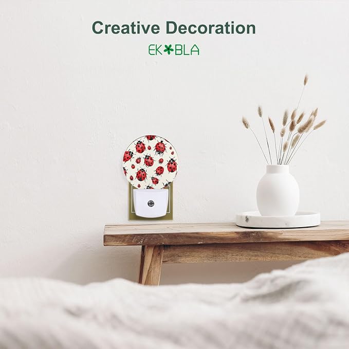 EKOBLA Ladybug Night Lights Plug into Wall Cute Ladybug Flying Animal Red Black Dots Wings Yellow Flowers Auto Sensor LED Dusk to Dawn Light for Bedroom Bathroom Kitchen Corridor