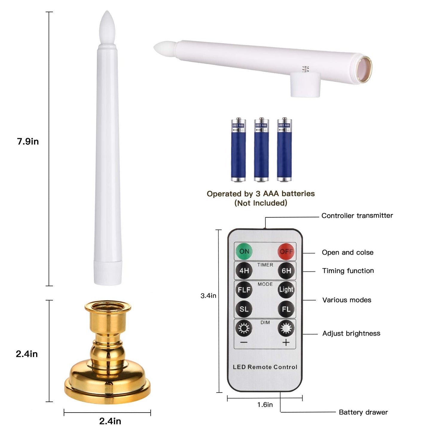 JOSU LED Window Candles, Christmas Flameless Window Candle Lights with Timer Battery Operated, 4 3D Wick Light Candle+4 Removable Gold Candleholders+Remote, for Decor &Festival Celebration