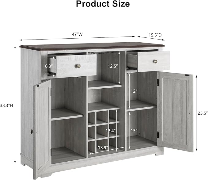 Rustic Wine Cabinet with Wine Rack and Lattice, Sideboard Buffet Cabinet with Drawers, Multifunctional Storage Cabinet for Kitchen, Dining Room, 47 Inch (Off-White)