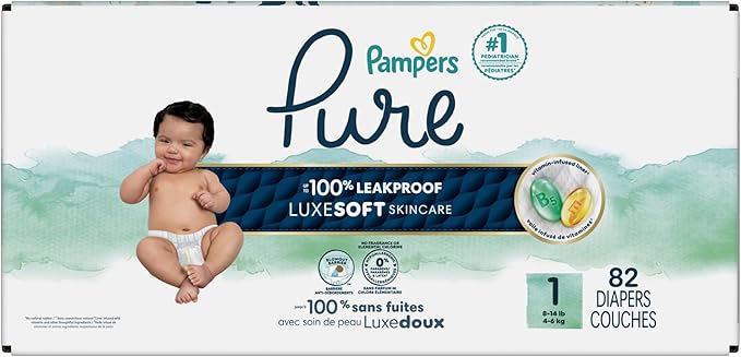 Pampers Pure Protection Baby Diapers, Size 1 (8-14 lbs), 82 Count, Up to 100% Leakproof, Premium Plant-based Skin Protection, Hypoallergenic Soft Diapers