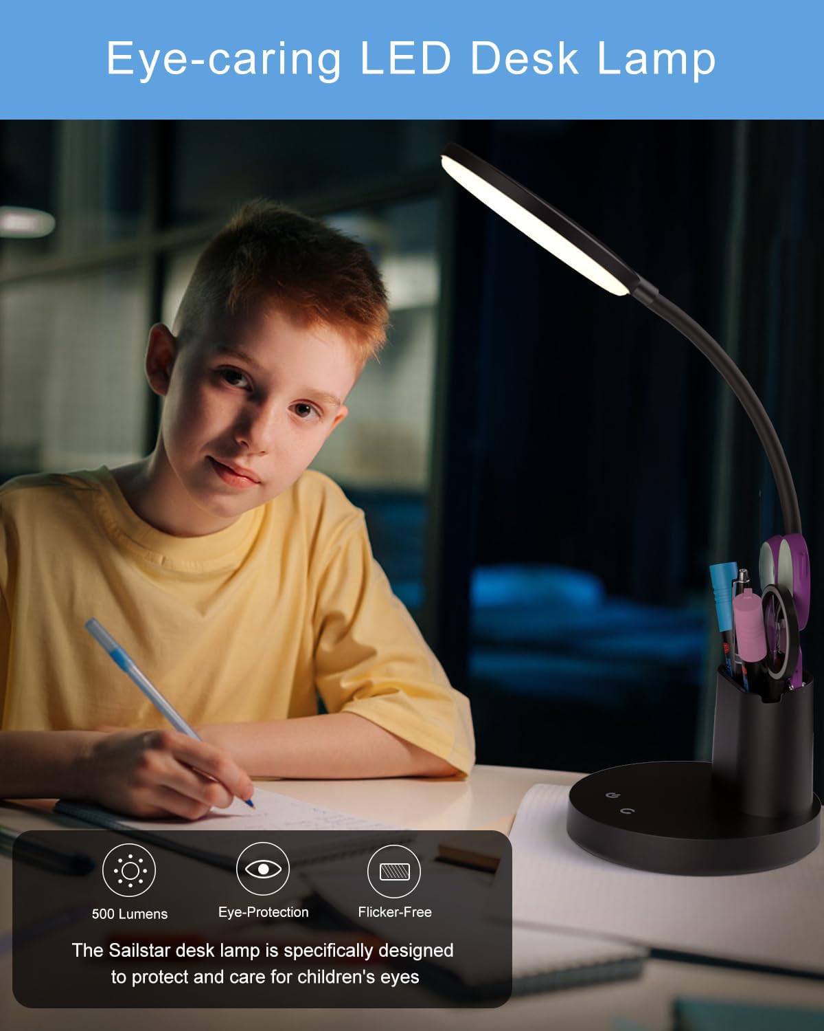 Sailstar LED Desk Lamp, 3 Lighting Modes, 800LM, Touch Control, Dimmable, 360° Gooseneck, Simple Black, Model SA-DL-JCK-