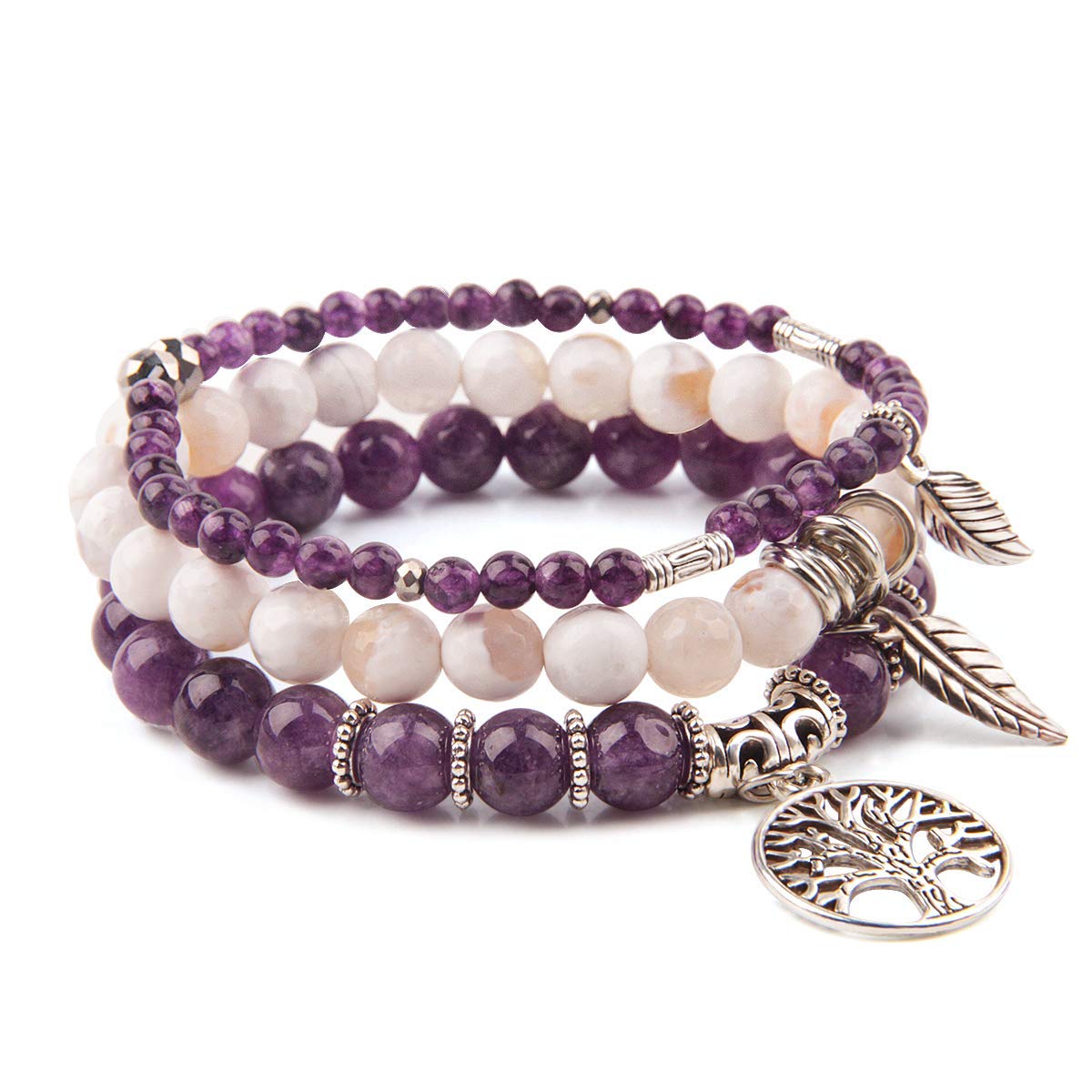 Jardme Healing Amethyst Crystal Bracelets for Women, 8mm Beaded Natural Stone Stretch Chakra Bracelets Tree of Life Bracelet Jew