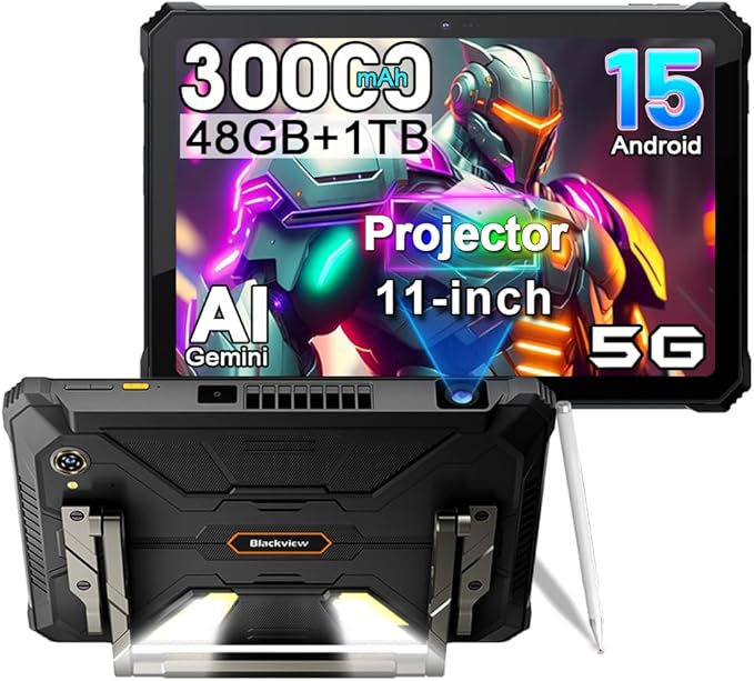 Blackview Active 12 PRO Projector Tablet,Android 15 Rugged Tablet,48GB RAM+1TB ROM, 30000mAh Dual 5G 11'' Display Outdoor ...