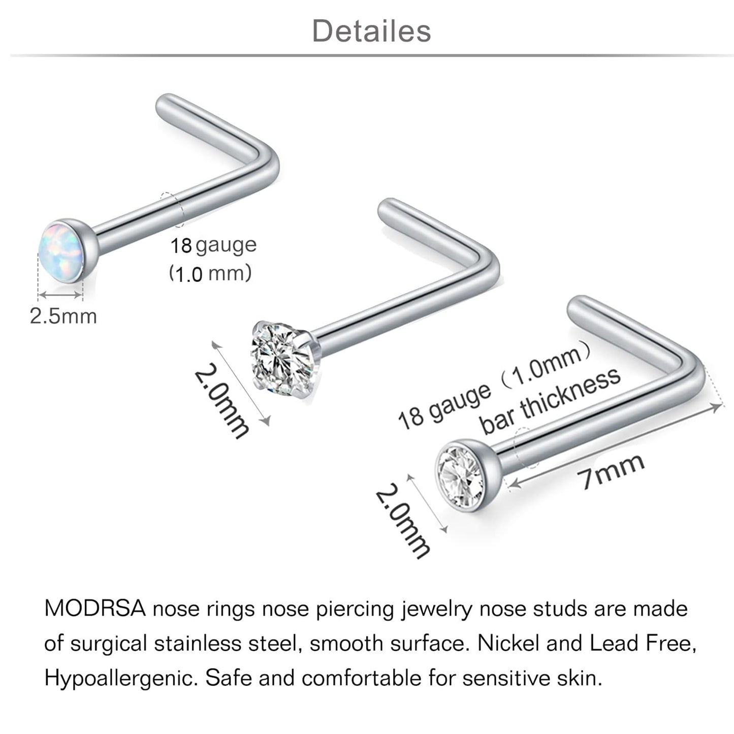 MODRSA 20g 18g Nose Rings Studs Surgical Steel Nostril Piercing Jewelry L Shaped Screw Opal CZ Tragus Helix Cartilage Earrings F
