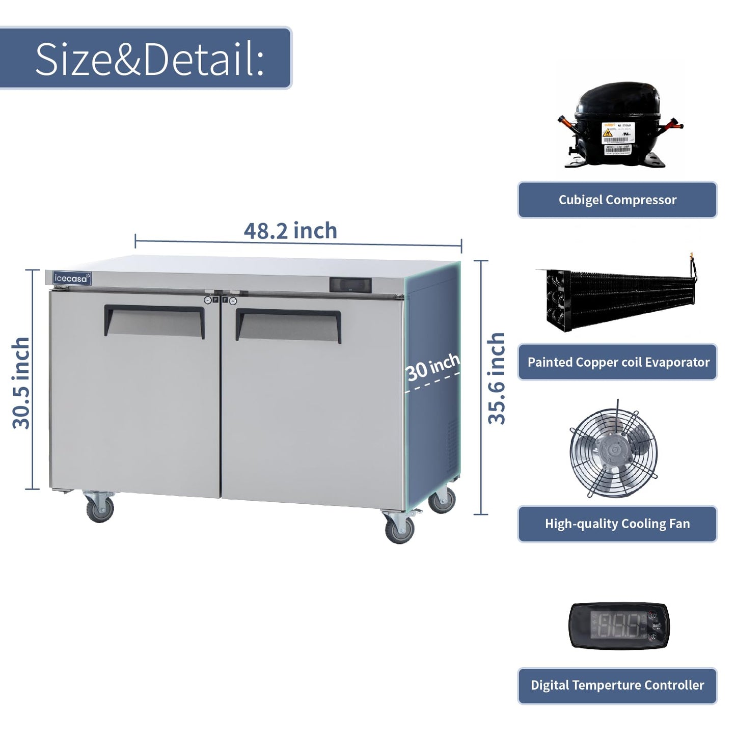 ICECASA 48" W Commercial Freezer Worktop Undercounter Freezer Single Door Stainless Steel Counter Fan Cooling 13 Cu.ft for Restaurant, Bar, Shop, etc