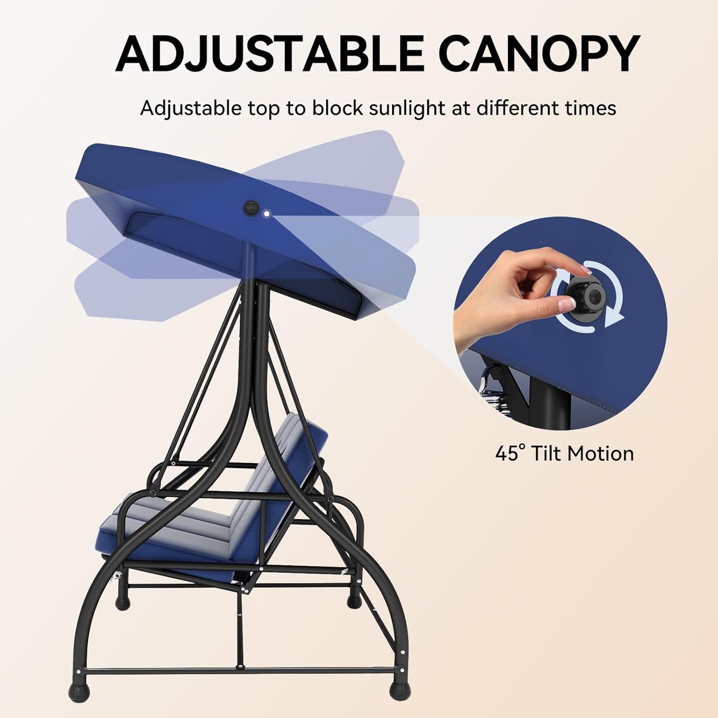 3-Seat Porch Swing Bed with Adjustable Canopy & Removable Cushions, Heavy Duty Steel Frame Outdoor Patio Swings Glider Chair for Backyard, Garden, Deck, Blue