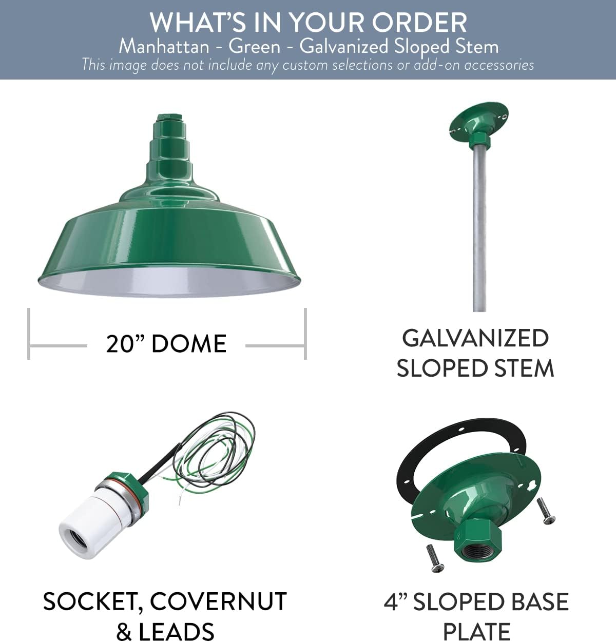Steel Lighting Co. Manhattan Warehouse Light | Ceiling Mounted Pendant | 20 inch Dome | 12 inch Sloped Stem | Large Steel Barn Light Made in America | Green Exterior/White Interior