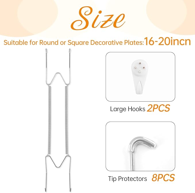 2 Pack Plate Hangers for The Wall, Suitable for 6-8 inch Art Plate, Stainless Steel Invisible Heavy Duty Wire Plate Holder with Wall Hooks, Plate Hangers for Displaying Plates, Platter, Dish, Silver