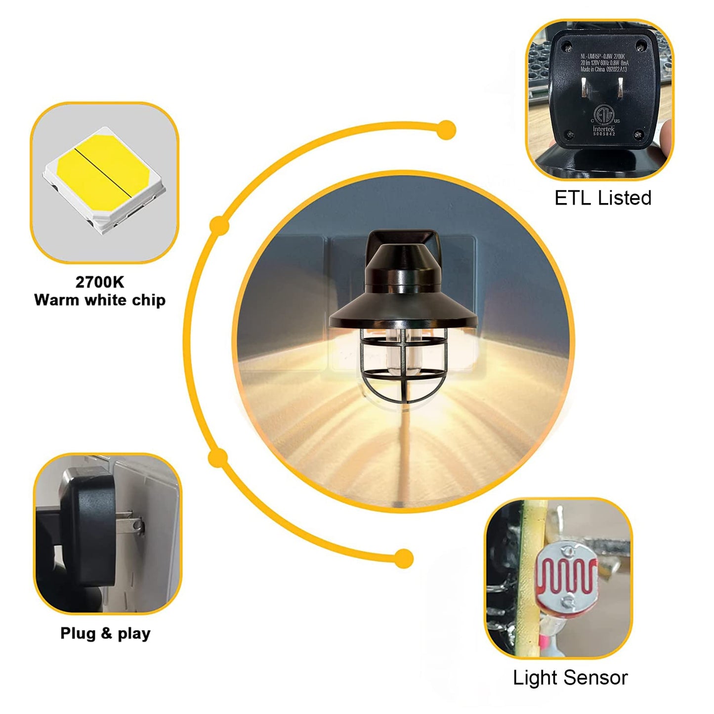 NOVELUX ETL Night Light Plug-in, 2 Pack, Warm Farmhouse, 2700K, Model NL-UMB5P-0.8W, Dusk to Dawn for Kitchen