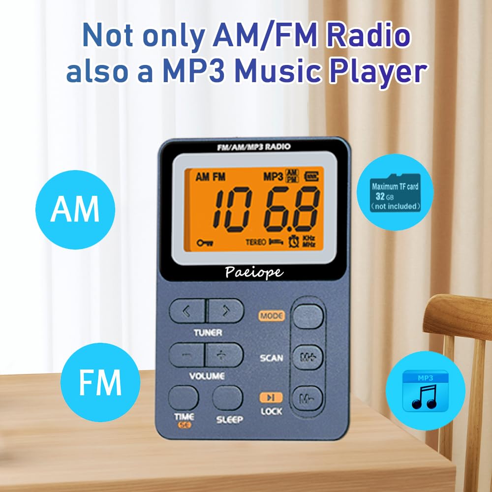 Paeiope Portable Radio Am Fm, Rechargeable Pocket Speaker With Best Reception Digital Tuning, Mp3, Stereo Earphone, Large Lcd Sc