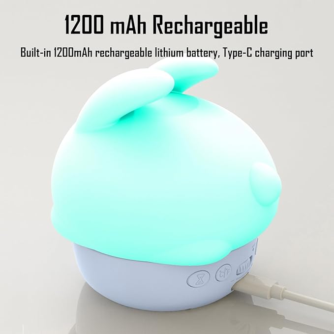 Cute Bunny RGB Rechargeable Night Light, Soft Silicone Lampshade, Adjustable Brightness LED Clock, Date, Alarm, Thermometer, Timer, Tap Control, Bedroom Lamp, Gift for Girl and Kid (Blue Bunny)
