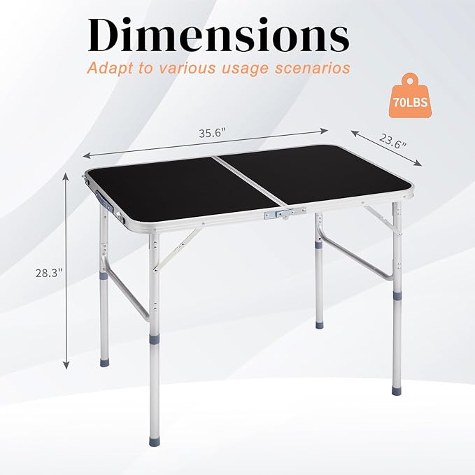 Outvita 3ft Portable Folding Camping Table, Outdoor Waterproof Adjustable Height Table, Aluminum Lightweight Suitcase Foldable Table for Picnic BBQ Beach Dining