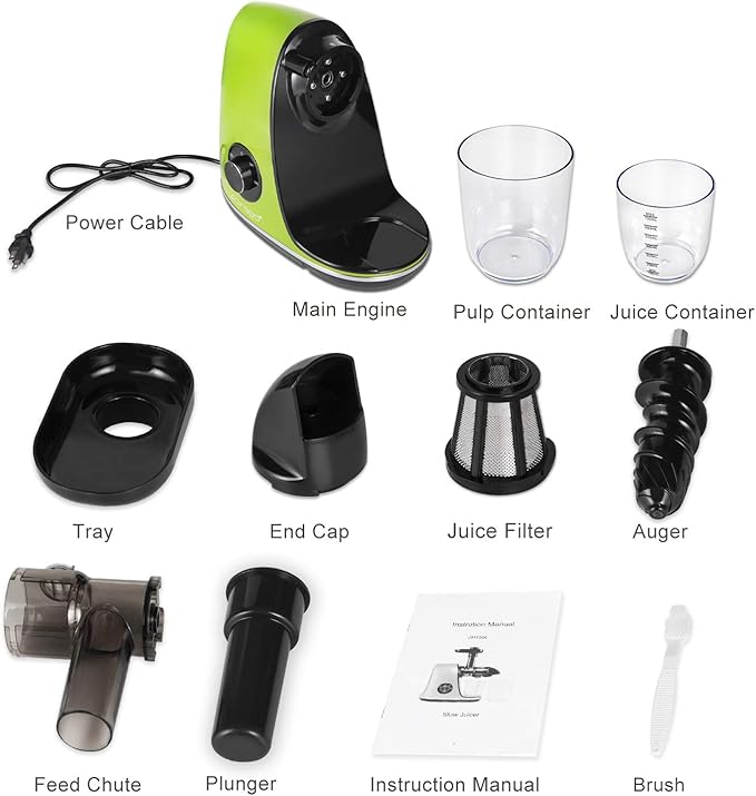 CIRAGO Horizontal Cold Press Juicer, Two Speed Adjustments, Slow Masticating Juicer Extractor, Easy to Clean, Silent Motor, Suitable for Vegetables and Fruits, BPA Free (Green)