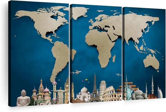 ElephantStock Ocean Blue World Map Multi Piece Canvas - 3 Panel Wall Decor - Map of the World Art - Canvas for the Office and Home - 45" X 28"