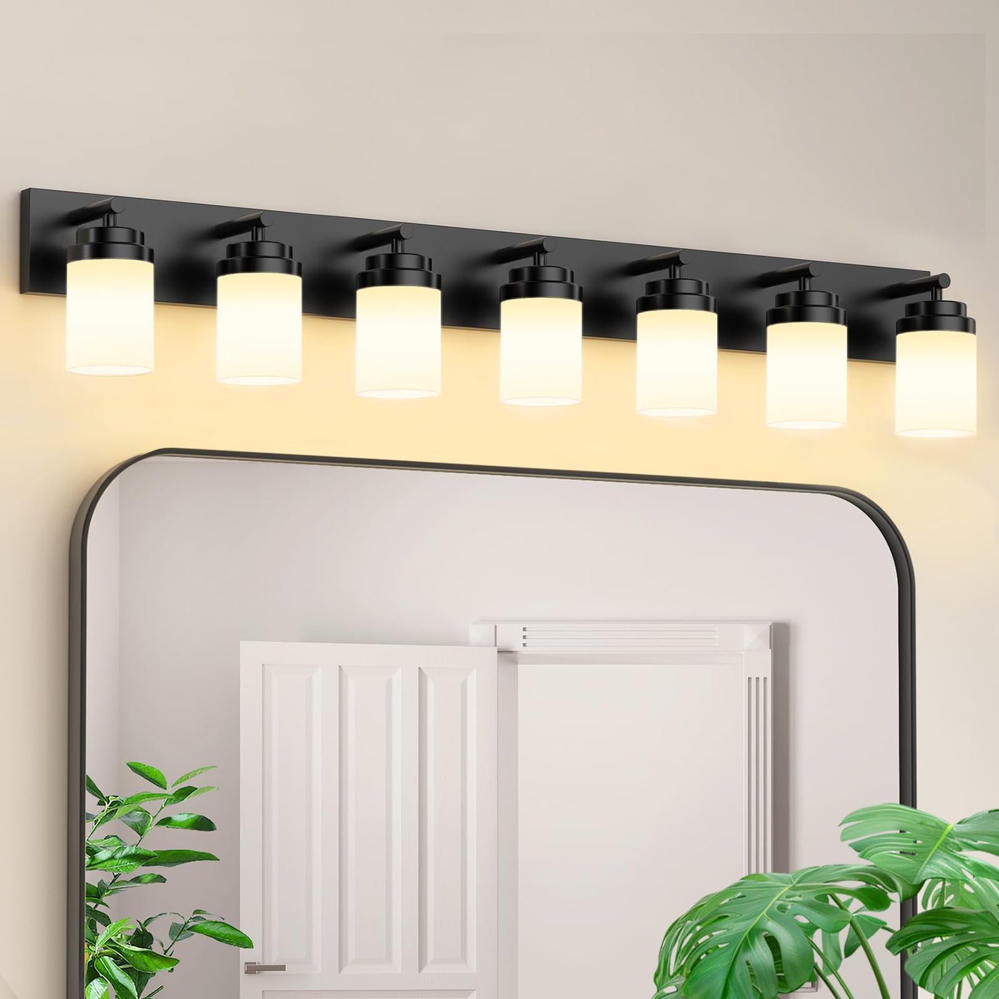 Izorro Bathroom Vanity Light Fixture  7-Light 51 Inch Matte Black Bathroom Light Fixtures Over Mirror  With White Glass Shade  Modern Farmhouse Vanity Lights  Rustic Restroom Lighting Fixtures