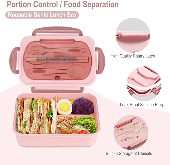 Bento Box for Adult, 1200 ML Lunch Containers for Adults, LeakProof Lunch Box with Utensils, BPA Free, 3 Compartment Bento Box Microwave Safe