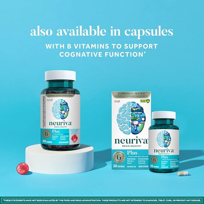 NEURIVA Plus Brain Supplement for Memory, Focus & Concentration + Cognitive Function with Nootropics Phosphatidylserine and Neurofactor, VIT B6 & B12, Strawberry Flavor, 50 Gummies (2 Pack)