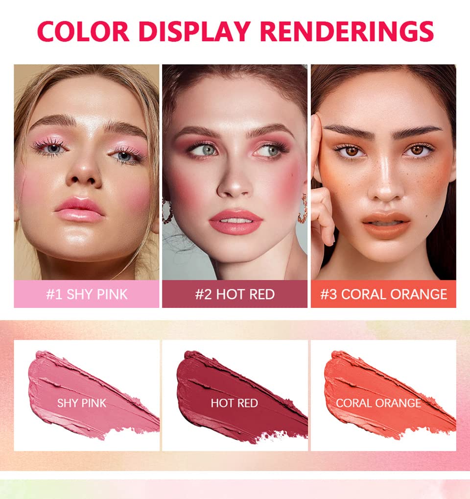 Blush Rare Beauty Liquid Blush Cream Blush Stick For Cheeks Natural Blendable Powder Blusher Stick On The Go Blush Brushes For Makeup Cheeks,Natural Waterproof, Long Lasting (3PC)