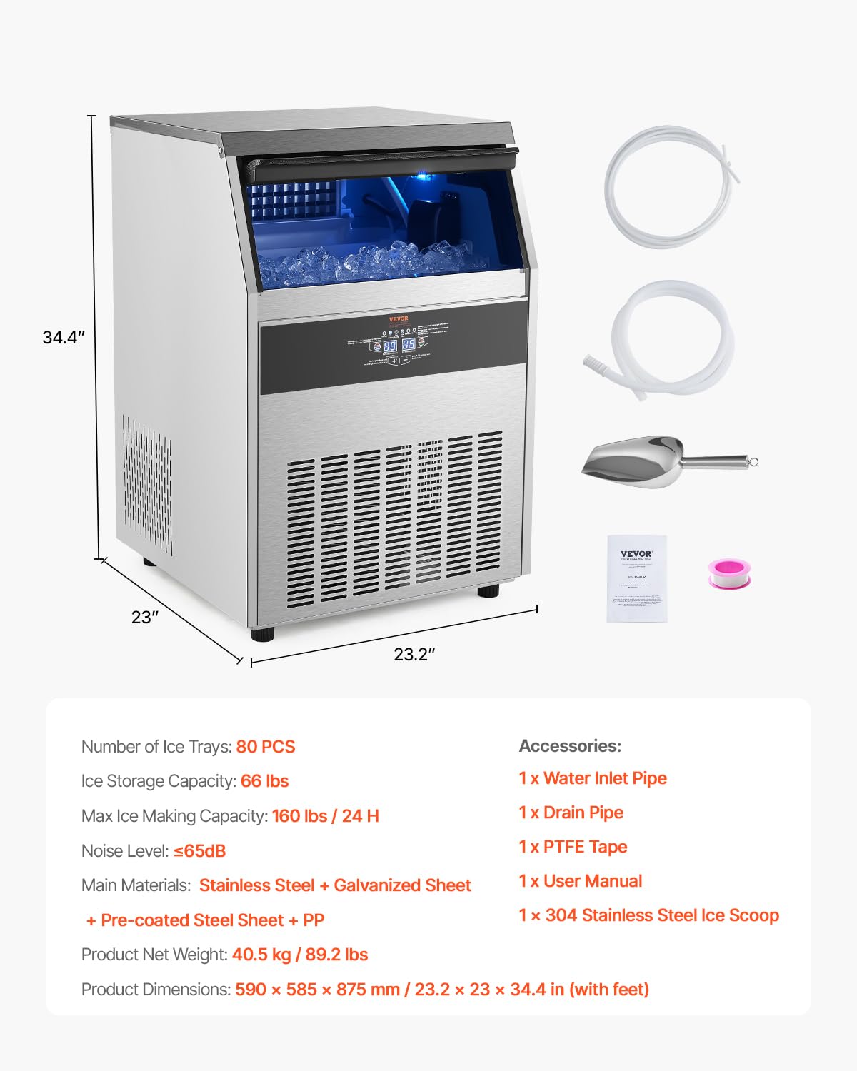 VEVOR Commercial Ice Maker Machine, 160lbs/24H Ice Maker Machine with 66lbs Storage Capacity, 80 Ice Cubes in 15 Minutes, LED Digital Display Freestanding Self-Cleaning for Bar Office Restaurant