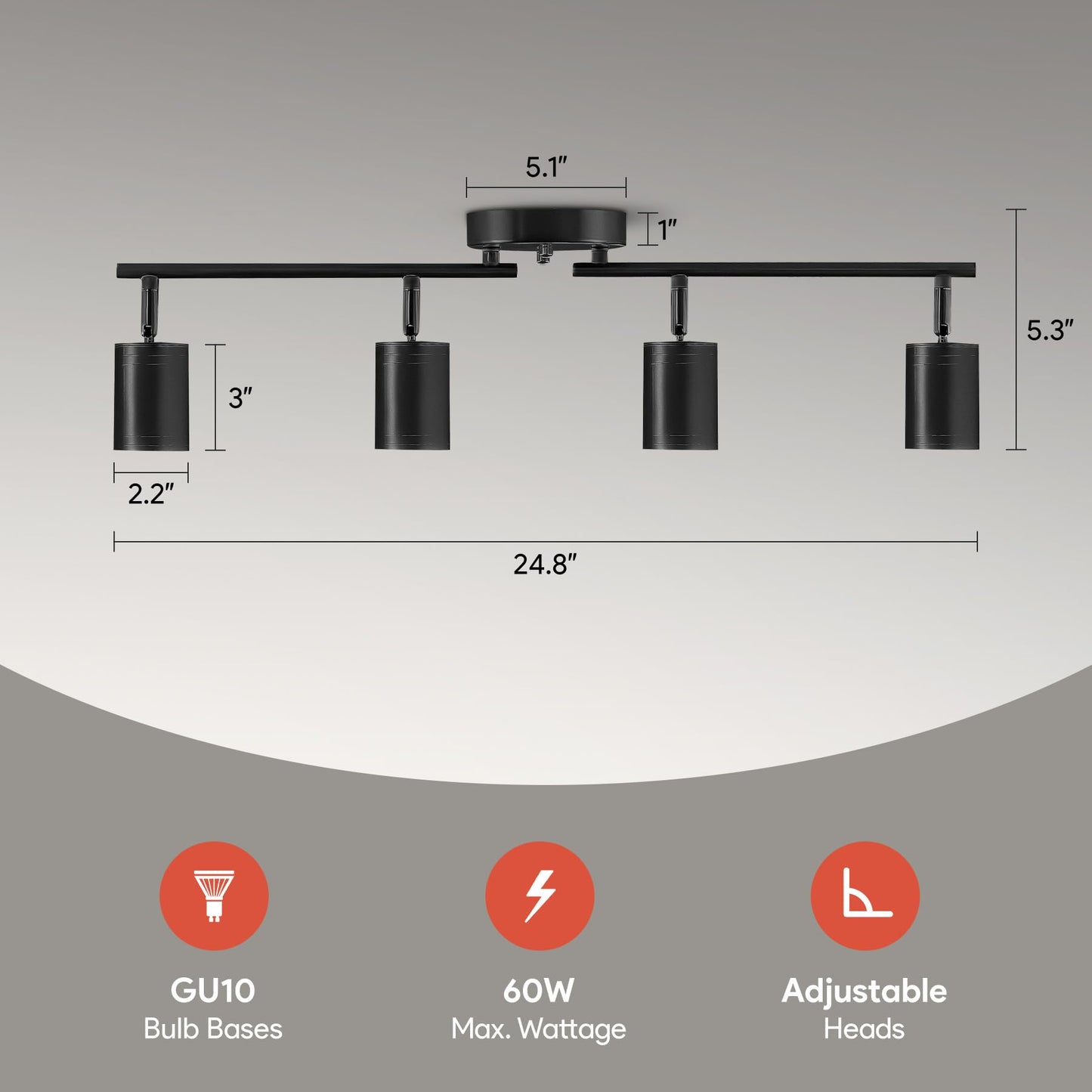 Vonluce 4 Light Track Light Fixture  Led Track Lighting Kit With Rotatable Track Heads  3-Color Gu10 Bulbs Included  Modern Ceiling Spotlight For Kitchen Office Closet Studio Bedroom  Black