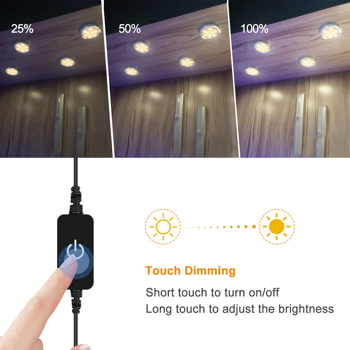 YGS-Tech LED Puck Lights, Warm White, Aluminum, Touch Dimming, 3-Pack, Under Cabinet Lighting