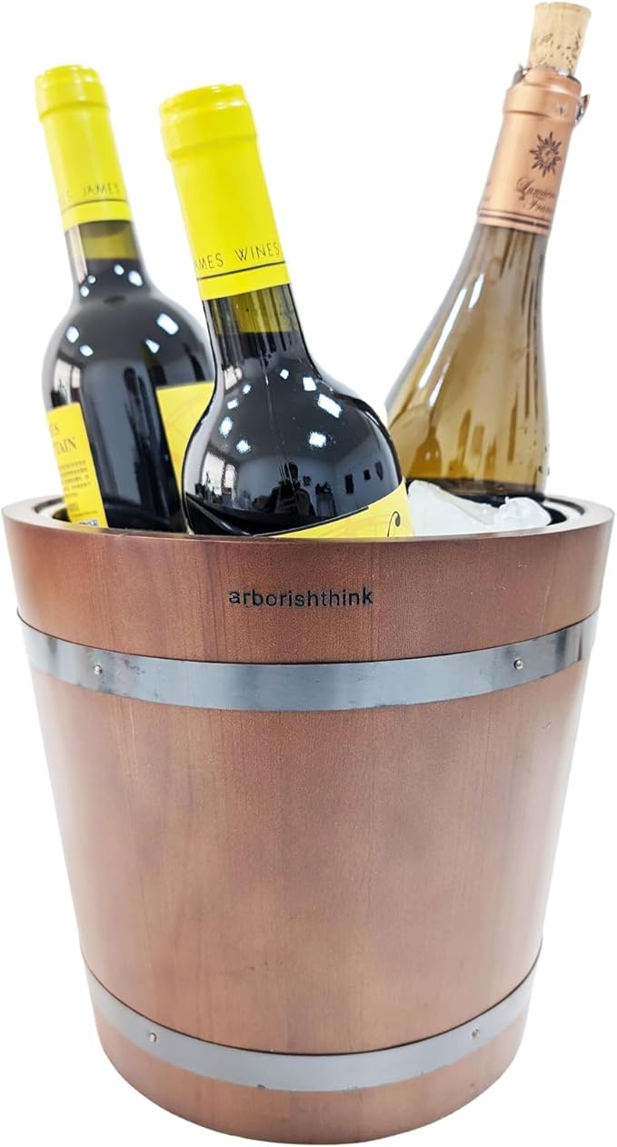 arborishthink Stainless Steel & Wood Wine Chiller Bucket | Ice Cooler | Compact & Portable for Wine Beer Beverage Cooler B...