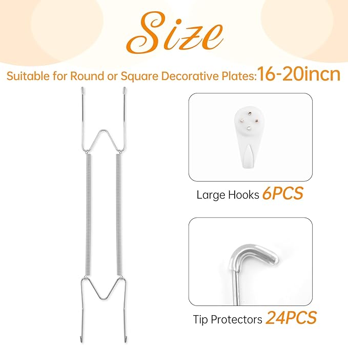 Bilillo 6 Pack Plate Hangers for The Wall, Suitable for 16-20 inch Art Plate, Stainless Steel Invisible Heavy Duty Wire Plate Holder with Wall Hooks, Plate Hangers for Displaying Plates, Silver