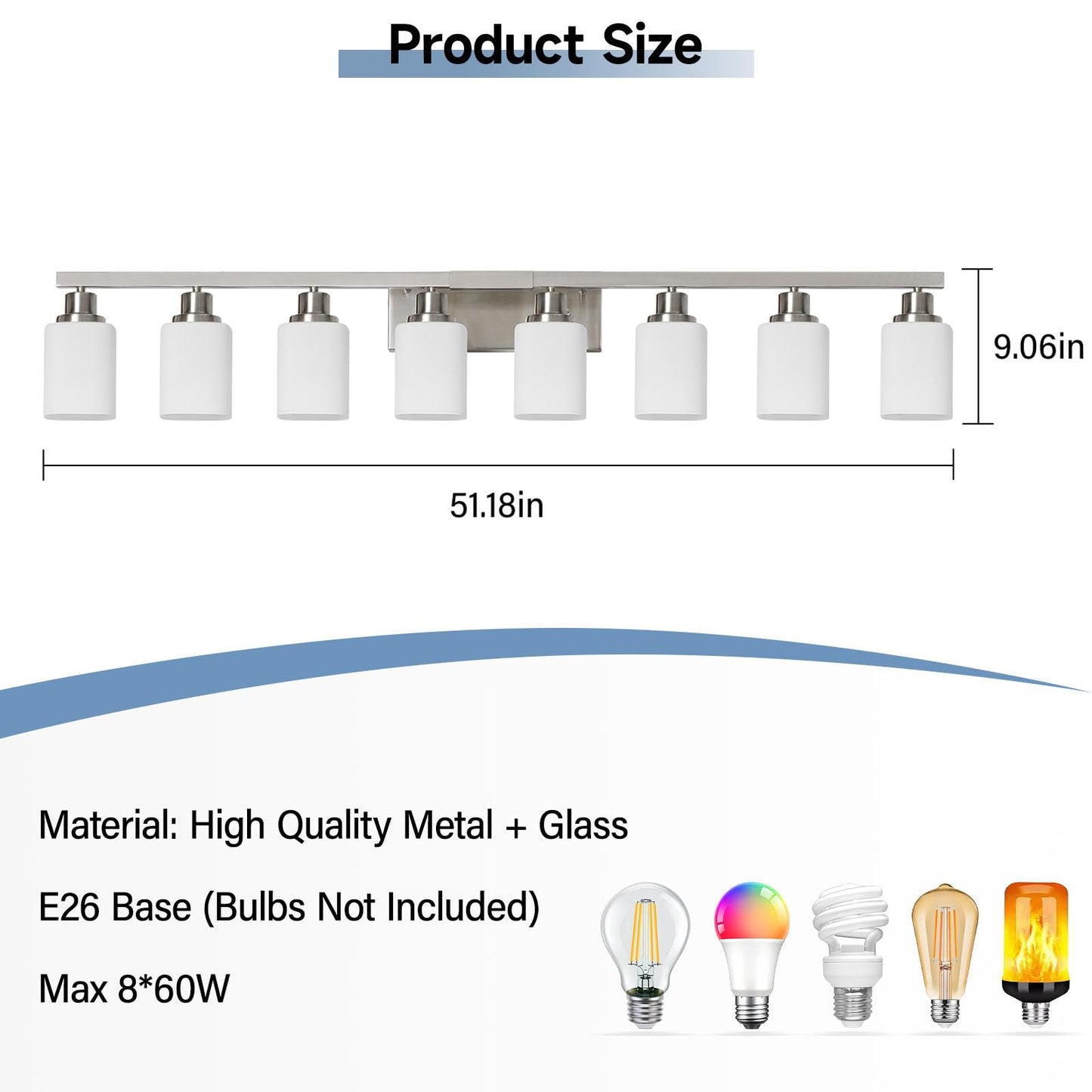 DIKAIDA 8-Light Bathroom Vanity Light,Brushed Nickel Vanity Lights with Square Frosted Glass,Modern Wall Lights Fixtures Over Mirror,Wall Sconces Lighting for Bedroom Living Room,E26