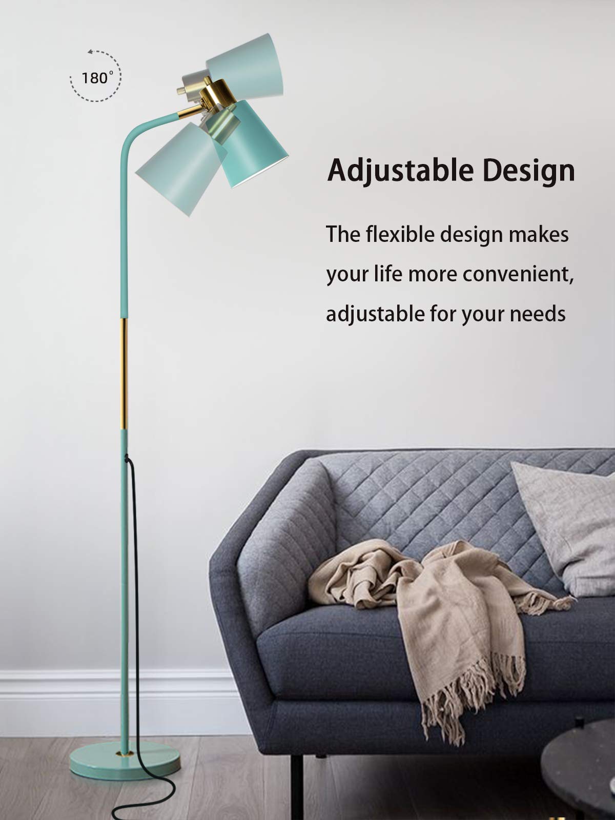 LALISU Industrial Floor Lamp - Adjustable Metal Heads, Rustic Farmhouse Style, Green Color, Ideal for Living Room, Bedroom, Office