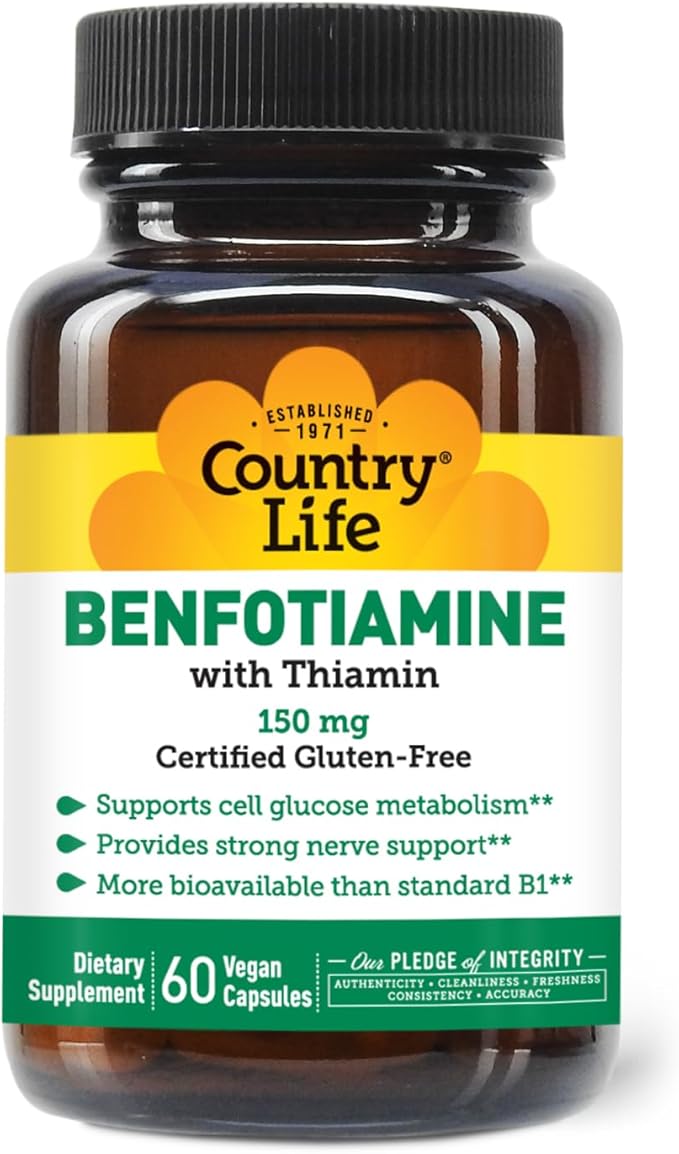 Country Life Benfotiamine with Thiamin,150mg, 60 Vegetarian Capsules, Certified Gluten Free, Certified Vegan