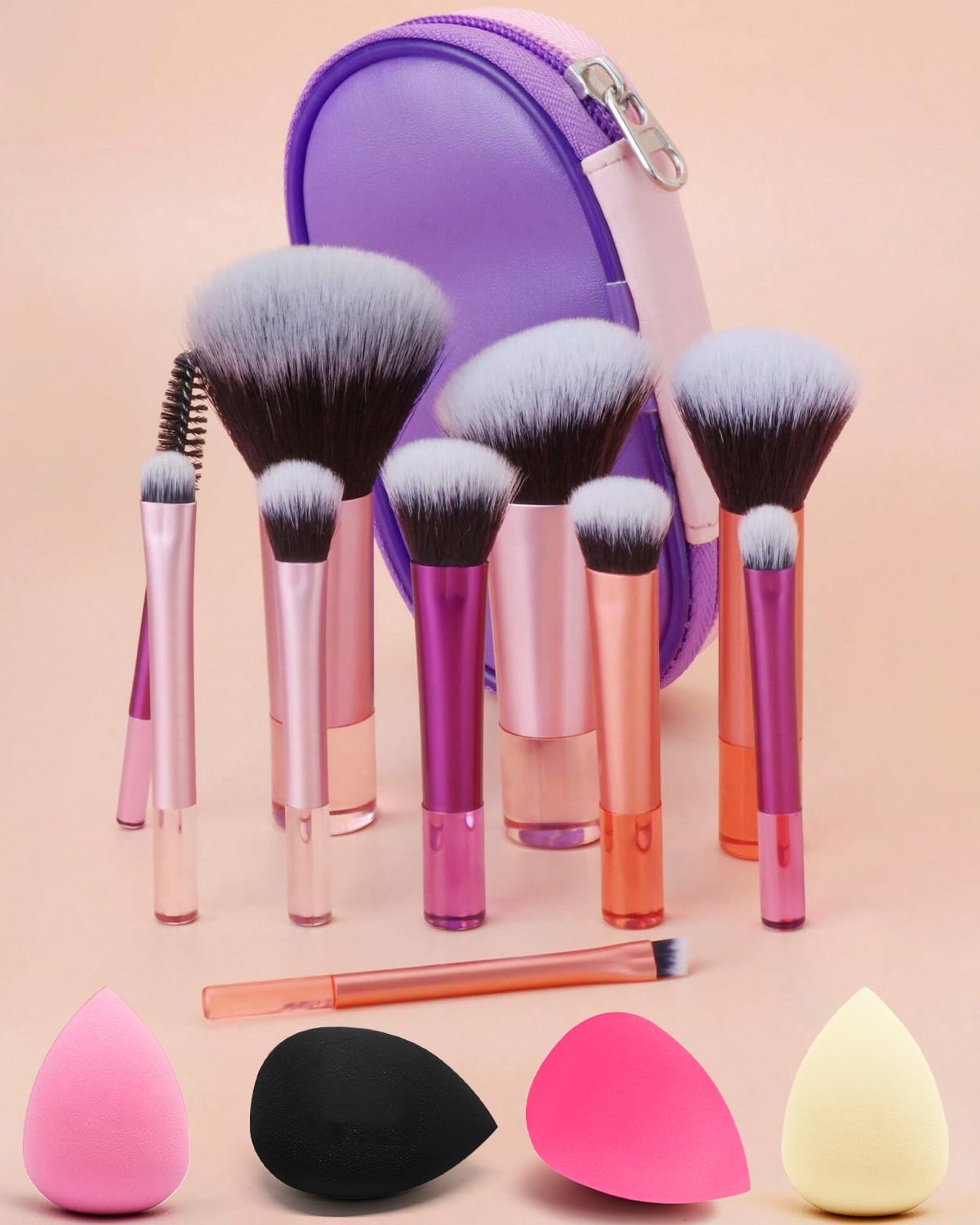 PGRODE Mini Travel Makeup Brushes Set, 14 Pieces, Portable Full Complete Function Cosmetic Kit with Brush Pouch, On the Go Short